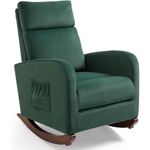 AVAWING Home Rocking Chair, Mid Century Glider Chair Upholstered Frosted Velvet High Back Arm Chair Nursery Rocking Chairs with Solid Legs and Side Pockets (Green)