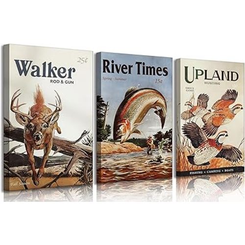 3pcs Retro Hunting Canvas Wall Art Outdoorsy Wild Animal Wall Decor Pictures Nature Wilderness Deer Wild Duck Fishing Posters Prints Gift Send Hunter Dad For Farmhouse Living Room Bedroom Decoration
