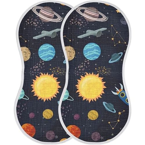 Kigai Carton Space Spaceships Muslin Baby Burp Cloths, Large Absorbent Cotton Muslin Burp Cloths Set of 1, Washcloths, Face Towel, Bibs for Newborn Boys Girls, 11 x22 Inch