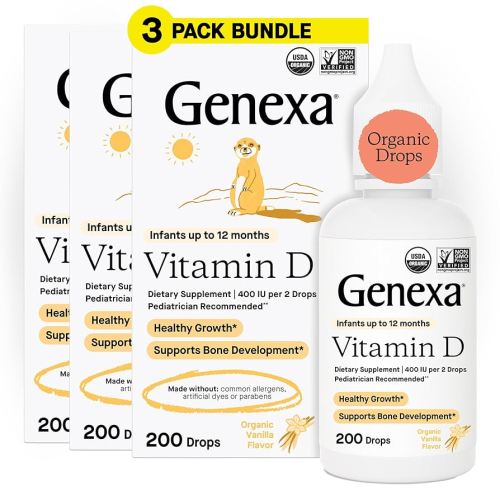 Genexa Infants Vitamin D Liquid Drops for Newborn, Baby & Toddler | Bone Development | Delicious Organic Vanilla Flavor | Certified Organic, Gluten Free, & Non-GMO | 270 Servings (3 Pack)