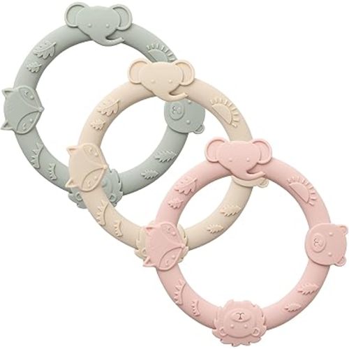 Silicone Teethers for Babies 0-6 6-12 Months Teething Toys for Infants Baby Chew Toys for Sucking Needs Baby Teething Rings for Infant Boys and Girls 3 Pack-Animal-Blush
