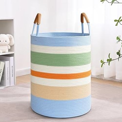 60L Striped Laundry Basket, Rainbow Laundry Hamper with Leather Handles, Woven Cotton Rope Storage Bin for Blankets, Nursery Hamper for Clothes, Toys In Bathroom, Livingroom, Bedroom