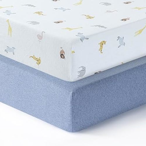 Mini Crib Fitted Sheet, 100% Cotton Knitted Jersey, Pack n Play Sheet, Breathable, Fitted Crib Sheets, Super Soft, Toddler Fitted Sheet,2 Pack,Sky Blue/Animals, 38x24x6