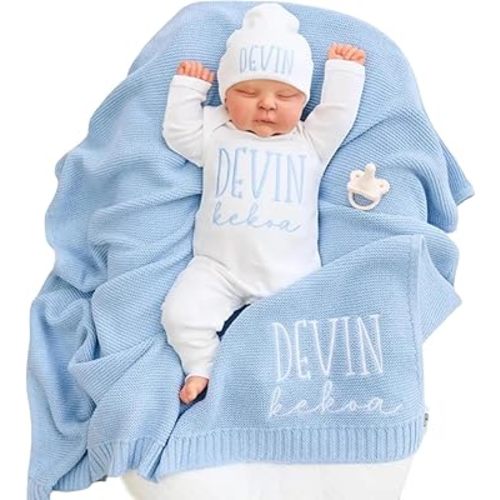 Baby Outfit Set with Cotton Knit Blanket, Personalized Matching Bodysuit and Hat with Embroidered Name,Romper with Blanket Newborn Gift for Baby Shower or Homecoming