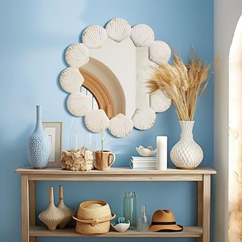 24" Round Mirror,White Wood Circle Wall Mirror with Seashell,Rustic Decoration Farmhouse Coastal Style Mirror Suitable Bathroom,Bedroom,Vanity,Entryway,Hallway