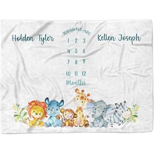 MDPrints Personalized Twin Milestone Blanket, Custom Monthly Baby Blankets with Name for Boys and Girls, 30x40 & 50x60inch Soft Plush Fleece (Zoo)