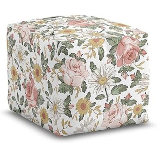 Sweet Jojo Designs Blush Pink Yellow Vintage Floral Boho Girl Ottoman Pouf Cover Unstuffed Poof Floor Footstool Square Cube Pouffe Storage Baby Nursery Kids Room Bohemian Shabby Chic Farmhouse White