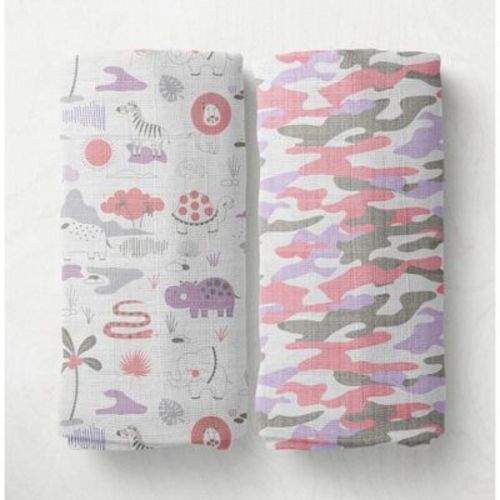 Jungle Safari Girls Lilac/coral 2 Pack Muslin Swaddling Blanket