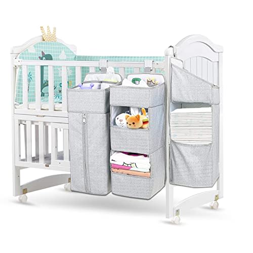 TOCKONIMN Hanging Diaper Caddy Organizer for Baby Crib - 3-in-1 Diaper Stacker for Changing Table Nursery Organization Storage Holder for Baby Essentials Attachment Portable Combining (Light grey)