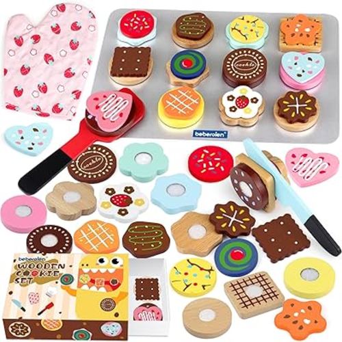 Wooden Cookie Play Food Set for Kids Kitchen Accessories Food Toys for Toddlers 1-3 Pretend Play Slice and Bake Gift for 3 4 5 Years Old Girls and Boys Toddler Learning Toys