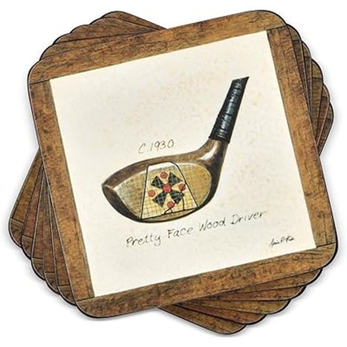 Pimpernel A History of Golf Coasters - Set of 6 Square Cork Backed Drink Coasters with Vintage Sports Artwork - Heat & Stain Resistant Surface Protectors for Golf Decor or Themed Entertainment