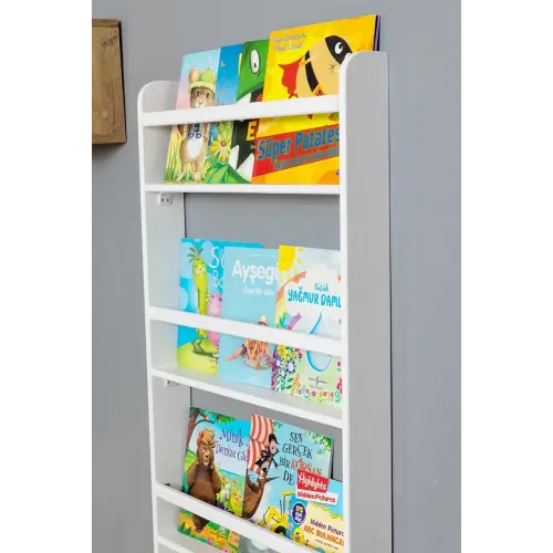 Handmade Solidwood Wall Mounted Montessori Kids Bookshelf, 4 Tier Book Display for Children Bedroom, Nursery Furniture Bookcase, Solid Wood Pine Tree Book Organiser for Living Room (White)