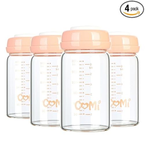 COMI Wide Neck Glass Breastmilk Collection n Storage Bottle, 4 Packs, 6oz with Screw Ring Sealing Disk; Re-markable Sealing Disc. BPA Free, Fits Breast Pumps & Nipples (4 Pink Lids)
