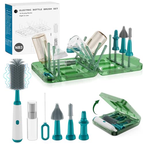 Electric Bottle Brush Cleaner,Baby Travel Essential 8 in 1 Baby Bottle Cleaner Kit with extendable Silicone Bottle Brush,Drying Rack,Soap Dispenser,Organizer Case,USB Waterproof bottle cleaner (Green)