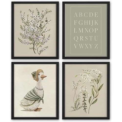 NaZaUK Vintage Goose Nursery Decor, Sage Green Decor for Baby Girl Room, Floral Picture Children Artwork for Farmhouse Bedroom, Nursery Wall Art Set of 4, 8x10 Inch (Unframed)