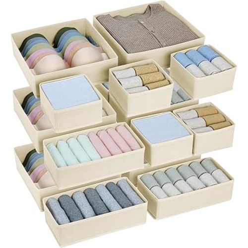 DIMJ Drawer Organizers Clothes Fabric - 15 Pack Dresser Organizers Drawer Storage Foldable Bra and Underwear Baby Clothing Dividers for Closet Storage Organization, Sock,Tie,Beige