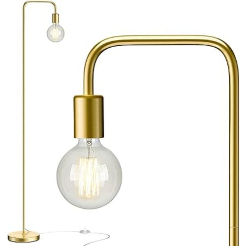 QiMH Industrial Floor Lamp with Light Bulb, Metal Standing Tall Modern Brushed Gold Led Living Room Lamp for Home Decor,Bedroom,Reading,Office(E26 Socket,Foot Switch)