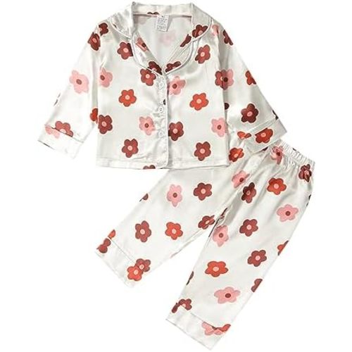 Kids Baby Girl Boy Satin Pajamas Set Button Down Sleep Shirt Top+Long Pants Bottoms Sleepwear Loungewear Clothes
