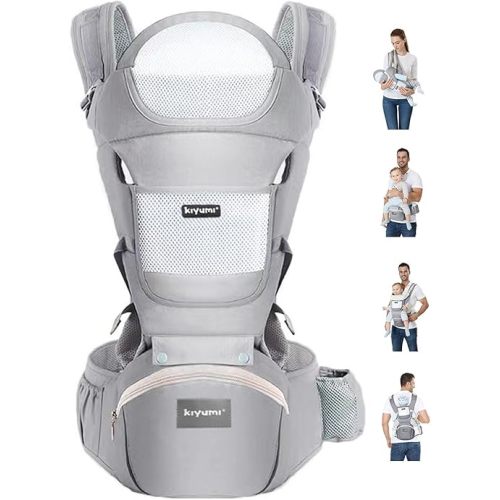 KIYUMI Baby Carrier with Hip Seat, 6- in-1 Baby Carrier Newborn to Toddler, Ergonomic M Position, Head Support and Breathable Mesh,Adjustable Removable Baby Sling Carrier (7-45 lbs), Grey
