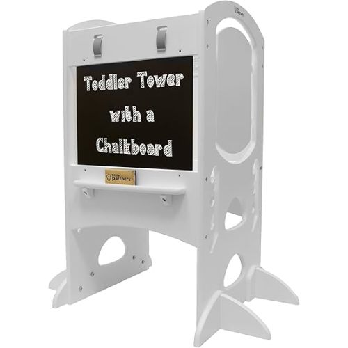 Little Partners Learning Tower Limited Edition Toddler Tower Step Stool Activity Center, Kids Wooden Standing Platform with Adjustable Height, Chalkboard, Safety Rails (Soft White)