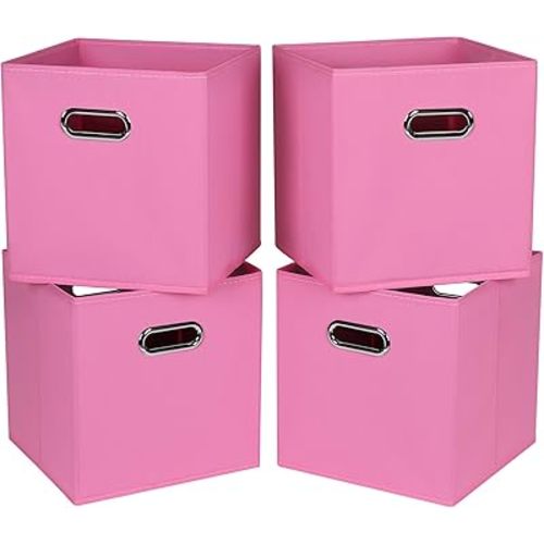 11 Inch Cube Storage Bins ,Black Fabric Cubes Organizer Baskets with Handle, Foldable Basket for Closet or Collapsible Storage Box, 11x11x11 Set of 4 (Pink)