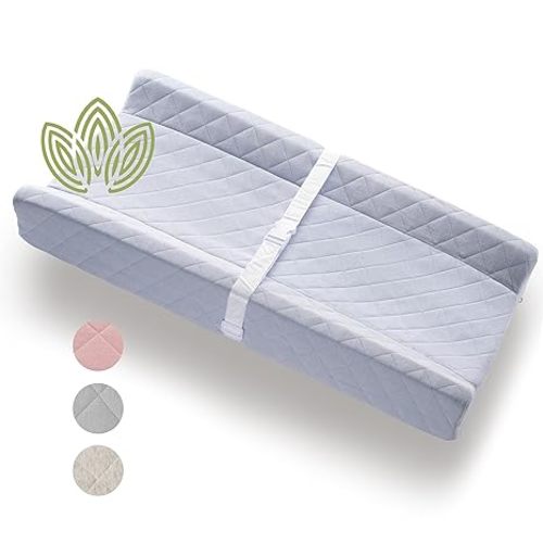Organic Cotton Contoured Baby Changing Pad w/Waterproof Foam Mattress, Includes Soft, Removable & Washable Cover, Safety Strap, Non-Slip Bottom, Topper for Standard Size Infant Diaper Table & Dresser