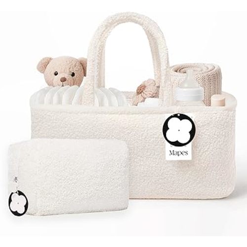 MAPES Canadian Baby Diaper Caddy Organizer Set – Elegant Sherpa Nursery Basket with Portable Pouch, Stylish Newborn Essentials Storage for Changing Table & Travel, Baby Shower Must-Have - Cream Color