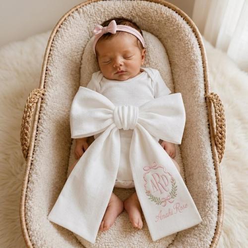 Custom Name Embroidered Newborn Bow Sash, Monogram Bow Sash, Coquette Bow Swaddle, Sash For Baby Picture, Preppy Baby Shower Gift