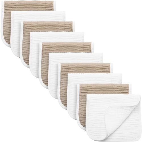 Synrroe Burp Cloths Large, Muslin Burp Cloths for Baby Girls and Boys, Pack of 10 Extra Absorbent and Soft Muslin, 6 Layers 20 by 10 Inches 100% Cotton (White and Brown 10 Pack)