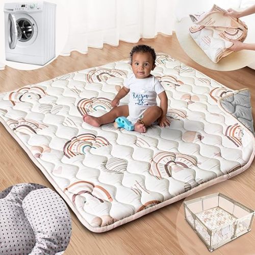 Baby Play Mat, 50x50 Playpen Mat with Super Soft Touch, Activity Mat with Upgraded Anti-Slip Bottom, Machine Washable Crawling Mat for Floor & Picnic(Boho Rainbow)