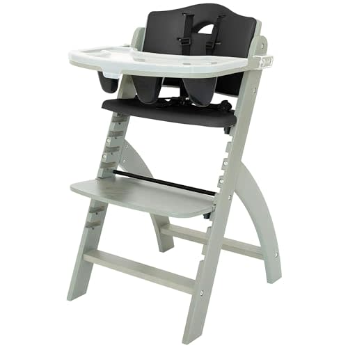 Abiie Beyond Junior Wooden High Chair with Tray - Adjustable and Convertible High Chair for Babies and Toddlers - 6 Months to 250 Lb - Water Resistant - Misty Grey Wood/Black Pearl Cushion