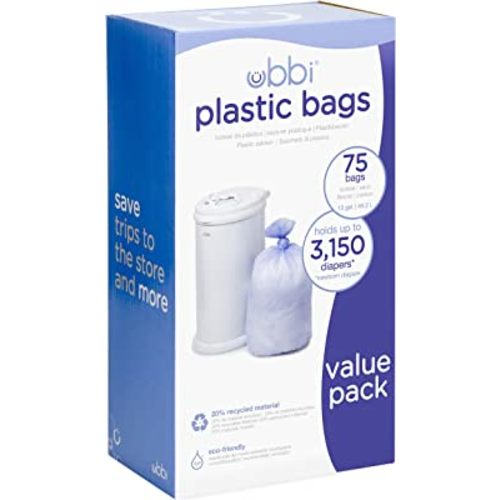 Ubbi Diaper Pail Plastic Bags, Disposable Baby Waste Bags, 3 Pack, 75 Count, 13-Gallon Bags