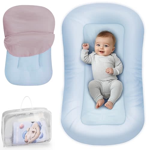 Baby Lounger - Baby Lounger Pillow for Newborn, 0-24 Months, Infant Lounger for Home and Travel, Soft Cotton, Co Sleeping Baby Nest, Newborn Babies Essentials Gifts, ZumaBlue (Lounger Cover Included)