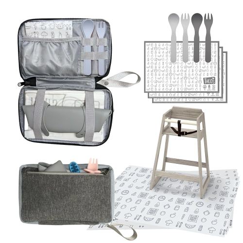 THEO'S Baby Led Weaning Supplies 12 Piece Clutch - Mealtime Essentials With 4 Disposable Splat Mats For Under High Chair, 3 Eco-Friendly Stick On Placemats, 2 Sets Ergonomic Plant Based Spoons & Forks