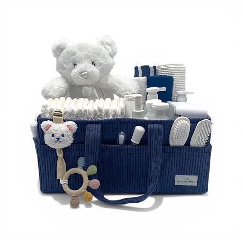 Baby Diaper Caddy, Pacifier Clip and Teether-Storage for Newborn Essentials, Portable Diaper Caddy with Handles, Baby Shower Basket, Nursery Organizer with Dividers (Navy Blue)