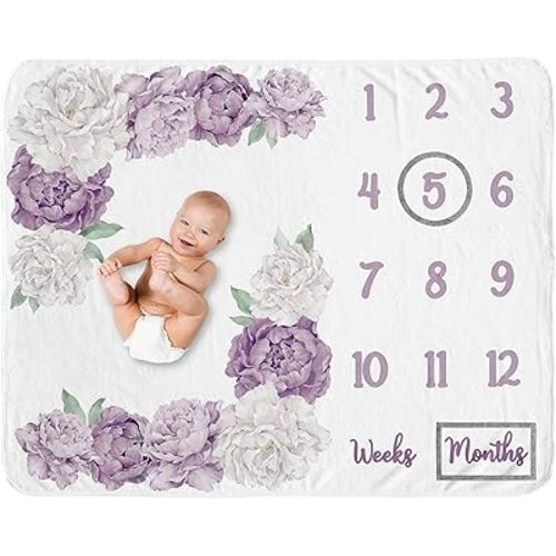 Sweet Jojo Designs Lavender Purple Boho Shabby Chic Floral Girl Baby Milestone Blanket Newborn Monthly First Year Photo Growth Chart Infant Memory Gift Set Violet Ivory Bohemian Vintage Watercolor