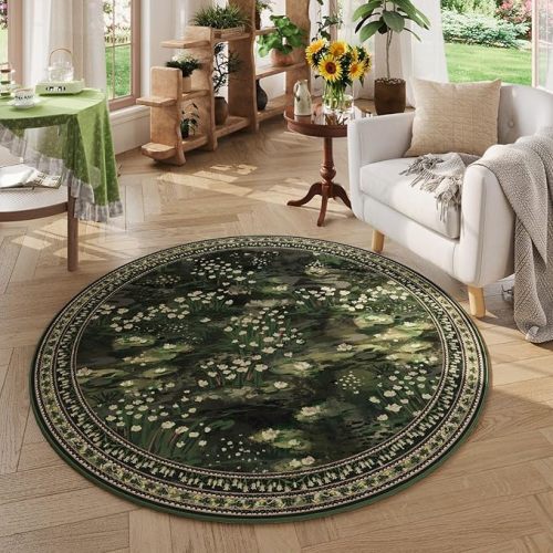 Rugcomf Circle Rug Impressionist-Style Vintage Round Rug 4ft Non Slip Low Pile Small Circular Rug for Bedroom Bathroom Entryway Kids Room Office College Dorm, Green