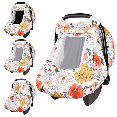 Baby Carseat Cover Girls, Pea Pod Infant Car Seat Covers Canopy for Newborn with 2 Layers Windows of Breathable Mesh/Fabric, Lightweight Polyester/Minky Dot Backing, Snug Fit Most Baby Car Seat