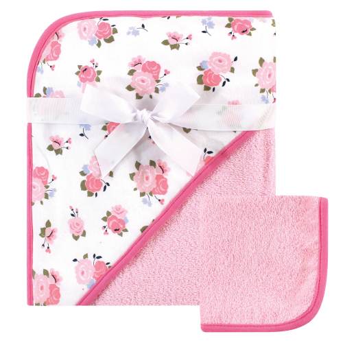 Luvable Friends Infant Girl Cotton Hooded Towel and Washcloth, Floral - One Size