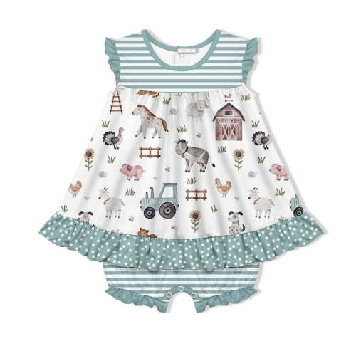 Millie Loves Lily Infant Girl White Farm Animals Skirted Bubble 1-Piece, 3M-3T