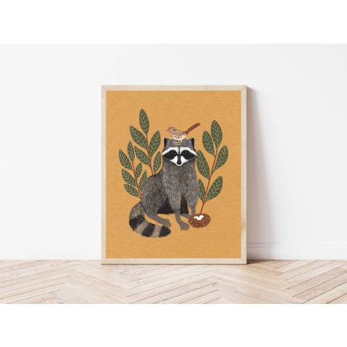 Raccoon, Sparrow, and Bird Nest Nature Print - 8x10