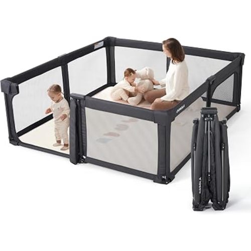 Baby Playpen Portable, Pre-Assembled Play Pen 71x79 Large Foldable Playpen for Babies and Toddlers, Sturdy and Safe Toddler Play Yard Indoor Outdoor with Carry Bag, Black