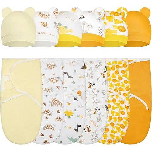 Ramede 6 Pack Baby Swaddle Blanket with Hats Sleep Swaddle for 0-3 Months Newborn Sacks Soft Cotton Wearable for Boy Girl