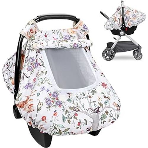 Baby Car Seat Cover, Minky Infant Car Seat Cover with Windproof & Breathable Peep Window, Protects Baby from Wind & Sun (Woodland Animals)