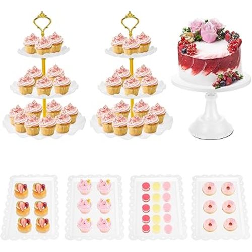 7 Pcs Cake Stand Dessert Table Stand Set, 2 Pcs Plastic Round Cupcake Stand and 1 Pcs Metal Cake Stand with 4 Pcs Dessert Trays for Birthday, Baby Shower, Wedding, Tea Party