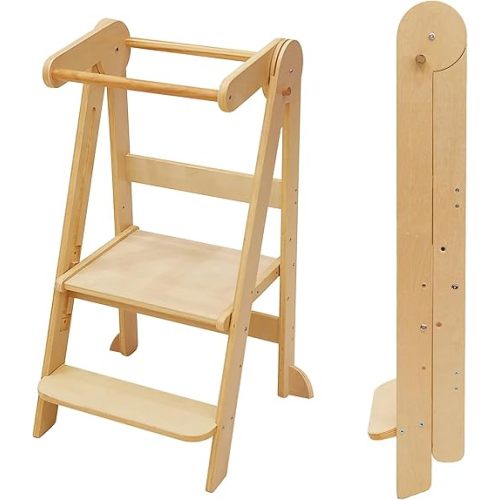 Foldable Toddler Tower Preassembled Kitchen Stool, Folding Tower for Learning with 3 Adjustable Heights Montessori Toddler Standing Tower Collapsible Step Stool for Kids 1.5-6y Natural
