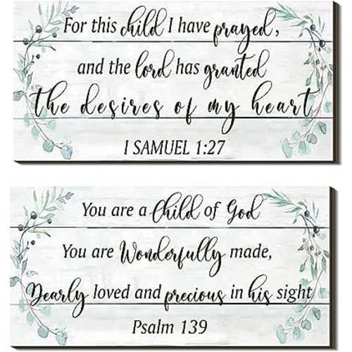 Yookeer 2 Pcs Wood Nursery Wall Decor for Girls Boys Baby Girl Room Decor Nursery Christian Wall Art This Child I Have Prayed Bible Quote Hanging Sign for Kids Home 12 x 6 Inch(Greenery)