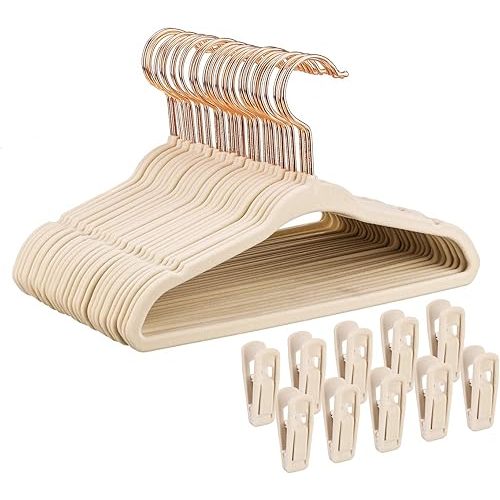 Baby Velvet Hangers 30 Pack - 11'' Inch Premium Non Slip Kids Felt Hangers for Clothes - Ultra Thin Baby Felt Hangers for Toddler Kids' Closet with 10 Hanger Clips - Beige