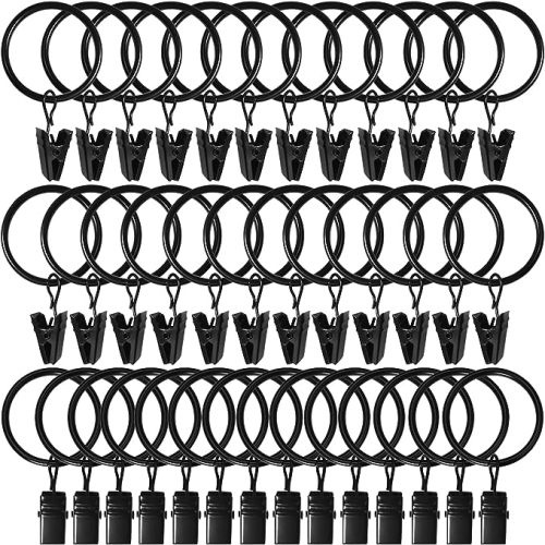 40 Pack Black Curtain Rings with Clips, Curtain Hooks Hangers Clip Rings for Hanging Drapes Bows Hat, Drapery Rings 1.26 in I D, Fits up to 1 in Diameter Curtain Rod.