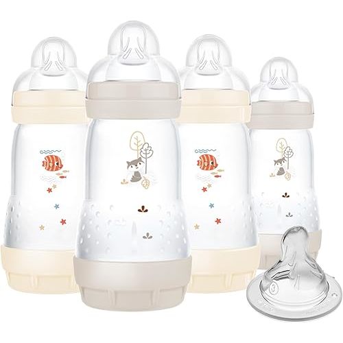 MAM 9oz Easy Start Anti-Colic Baby Bottles, Medium Flow with Bonus Fast Flow Nipple, Breastfeeding-Like Silicone, Reduces Colic and Gas, Easy-to-Clean, BPA-Free, 2 Plus Months